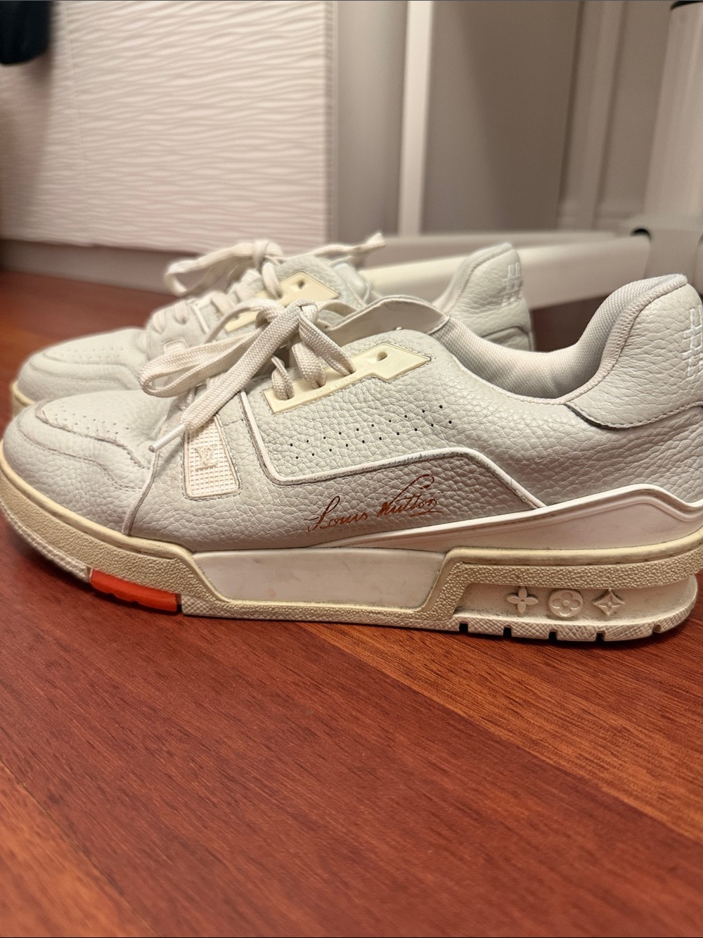 Louis Vuitton Cream-White Leather Low-Top Sneakers with Orange Accent